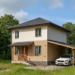 Проект дома «В-131Б» из СИП-панелей, 131 м² — двухэтажный дом с бежевым фасадом, серой крышей и навесом для машины | HotWell.KZ