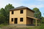 Дом «В-131Б», 131 м², 2 этажа, в черновой отделке: коробка из СИП-панелей OSB-3, вальмовая кровля из металлочерепицы, проёмы без окон и дверей, в проёмах видны сосновые балки перекрытия