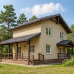 Проект дома «В-136» из СИП-панелей, 136 м² — двухэтажный дом с бежевым фасадом, темной крышей и террасой | HotWell.KZ