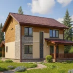 Проект дома «В-142» из СИП-панелей, 142 м² — двухэтажный дом с бежевым фасадом, коричневой крышей и крытой террасой | HotWell.KZ