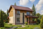 Проект дома «В-142Б» из СИП-панелей, 142 м² — двухэтажный дом с бежевым фасадом, коричневой крышей и крытой террасой | HotWell.KZ