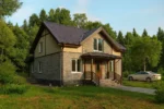 Проект дома «В-142В» из СИП-панелей, 142 м² — двухэтажный дом с каменным фасадом, коричневой крышей и крытым крыльцом | HotWell.KZ