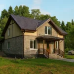 Проект дома «В-142В» из СИП-панелей, 142 м² — двухэтажный дом с каменным фасадом, коричневой крышей и крытым крыльцом | HotWell.KZ