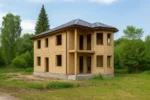 Дом «В-143», 143 м², 2 этажа, в черновой отделке: коробка из СИП-панелей OSB-3, вальмовая кровля из металлочерепицы, проёмы без окон и дверей, в проёмах видны сосновые балки перекрытия