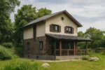 Проект дома «В-148» из СИП-панелей, 148 м² — двухэтажный дом с кирпичным фасадом, серой крышей и террасой | HotWell.KZ