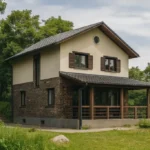 Проект дома «В-148» из СИП-панелей, 148 м² — двухэтажный дом с кирпичным фасадом, серой крышей и террасой | HotWell.KZ