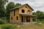 Дом «В-148», 148 м², 2 этажа, в черновой отделке: коробка из СИП-панелей OSB-3, двускатная кровля из металлочерепицы, проёмы без окон и дверей, в проёмах видны сосновые балки перекрытия