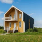 Проект дома «В-150» из СИП-панелей, 150 м² — двухэтажный дом с деревянным фасадом, черной крышей и балконом | HotWell.KZ