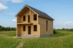 Дом «В-150», 150 м², 1.5 этажа, в черновой отделке: коробка из СИП-панелей OSB-3, двускатная кровля из металлочерепицы, проёмы без окон и дверей, в проёмах видны сосновые балки перекрытия