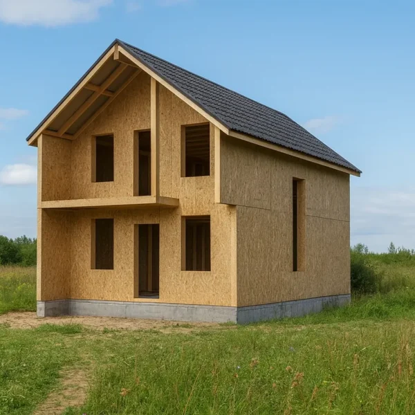 Дом «В-150», 150 м², 1.5 этажа, в черновой отделке: коробка из СИП-панелей OSB-3, двускатная кровля из металлочерепицы, проёмы без окон и дверей, в проёмах видны сосновые балки перекрытия