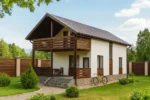Проект дома «В-150Б» из СИП-панелей, 150 м² — двухэтажный дом с белым фасадом, коричневой крышей и балконом | HotWell.KZ