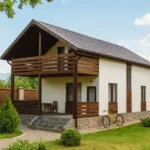 Проект дома «В-150Б» из СИП-панелей, 150 м² — двухэтажный дом с белым фасадом, коричневой крышей и балконом | HotWell.KZ