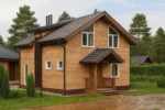 Проект дома «В-150Г» из СИП-панелей, 150 м² — двухэтажный дом с деревянным фасадом, серой крышей и крытым крыльцом | HotWell.KZ