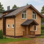 Проект дома «В-150Г» из СИП-панелей, 150 м² — двухэтажный дом с деревянным фасадом, серой крышей и крытым крыльцом | HotWell.KZ