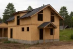 Дом «В-150Г», 150 м², 1.5 этажа, в черновой отделке: коробка из СИП-панелей OSB-3, двускатная кровля из металлочерепицы, проёмы без окон и дверей, в проёмах видны сосновые балки перекрытия
