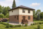 Проект дома «В-150В» из СИП-панелей, 150 м² — двухэтажный дом с кирпичным фасадом, коричневой крышей и крыльцом | HotWell.KZ
