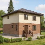 Проект дома «В-150В» из СИП-панелей, 150 м² — двухэтажный дом с кирпичным фасадом, коричневой крышей и крыльцом | HotWell.KZ