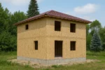 Дом «В-150В», 150 м², 2 этажа, в черновой отделке: коробка из СИП-панелей OSB-3, вальмовая кровля из металлочерепицы, проёмы без окон и дверей, в проёмах видны сосновые балки перекрытия