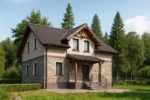 Проект дома «В-160» из СИП-панелей, 160 м² — двухэтажный дом с каменным фасадом, черной крышей и крытым крыльцом | HotWell.KZ