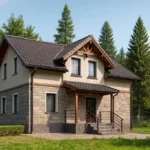 Проект дома «В-160» из СИП-панелей, 160 м² — двухэтажный дом с каменным фасадом, черной крышей и крытым крыльцом | HotWell.KZ