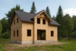 Дом «В-160», 160 м², 1.5 этажа, в черновой отделке: коробка из СИП-панелей OSB-3, двускатная кровля из металлочерепицы, проёмы без окон и дверей, в проёмах видны сосновые балки перекрытия