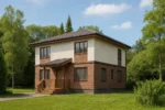 Проект дома «В-162» из СИП-панелей, 162 м² — двухэтажный дом с коричневым фасадом, темной крышей и крыльцом | HotWell.KZ