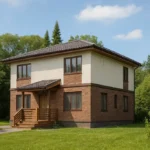 Проект дома «В-162» из СИП-панелей, 162 м² — двухэтажный дом с коричневым фасадом, темной крышей и крыльцом | HotWell.KZ