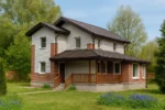 Проект дома «В-172» из СИП-панелей, 172 м² — двухэтажный дом с кирпичным фасадом, коричневой крышей и террасой | HotWell.KZ