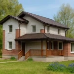 Проект дома «В-172» из СИП-панелей, 172 м² — двухэтажный дом с кирпичным фасадом, коричневой крышей и террасой | HotWell.KZ