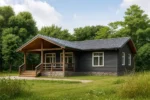 Проект дома «В-174» из СИП-панелей, 174 м² — одноэтажный дом с тёмным фасадом, серой крышей и крытой террасой | HotWell.KZ