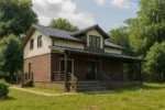 Проект дома «В-180Б» из СИП-панелей, 180 м² — двухэтажный дом с коричневым фасадом, серой крышей и террасой | HotWell.KZ
