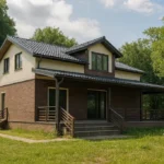 Проект дома «В-180Б» из СИП-панелей, 180 м² — двухэтажный дом с коричневым фасадом, серой крышей и террасой | HotWell.KZ