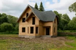 Дом «В-181», 181 м², 1.5 этажа, в черновой отделке: коробка из СИП-панелей OSB-3, двускатная кровля из металлочерепицы, проёмы без окон и дверей, в проёмах видны сосновые балки перекрытия