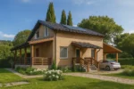 Проект дома «В-181Б» из СИП-панелей, 181 м² — двухэтажный дом с бежевым фасадом, черной крышей и террасой | HotWell.KZ