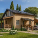 Проект дома «В-181Б» из СИП-панелей, 181 м² — двухэтажный дом с бежевым фасадом, черной крышей и террасой | HotWell.KZ