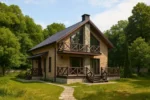 Проект дома «В-185» из СИП-панелей, 185 м² — двухэтажный дом с бежевым фасадом, черной крышей и балконом | HotWell.KZ