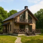 Проект дома «В-185» из СИП-панелей, 185 м² — двухэтажный дом с бежевым фасадом, черной крышей и балконом | HotWell.KZ