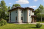Проект дома «В-187» из СИП-панелей, 187 м² — двухэтажный дом с зелёным фасадом, тёмной крышей и крыльцом | HotWell.KZ