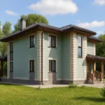 Проект дома «В-187» из СИП-панелей, 187 м² — двухэтажный дом с зелёным фасадом, тёмной крышей и крыльцом | HotWell.KZ