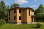 Дом «В-187», 187 м², 2 этажа, в черновой отделке: коробка из СИП-панелей OSB-3, вальмовая кровля из металлочерепицы, проёмы без окон и дверей, в проёмах видны сосновые балки перекрытия
