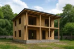 Дом «В-188», 188 м², 2 этажа, в черновой отделке: коробка из СИП-панелей OSB-3, вальмовая кровля из металлочерепицы, проёмы без окон и дверей, в проёмах видны сосновые балки перекрытия