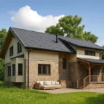 Проект дома «В-190» из СИП-панелей, 190 м² — двухэтажный дом с бежевым фасадом, серой крышей и крытой террасой | HotWell.KZ