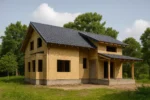 Дом «В-190», 190 м², 1.5 этажа, в черновой отделке: коробка из СИП-панелей OSB-3, двускатная кровля из металлочерепицы, проёмы без окон и дверей, в проёмах видны сосновые балки перекрытия