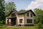 Проект дома «В-192» из СИП-панелей, 192 м² — двухэтажный дом с бежевым фасадом, серой крышей и крытым крыльцом | HotWell.KZ