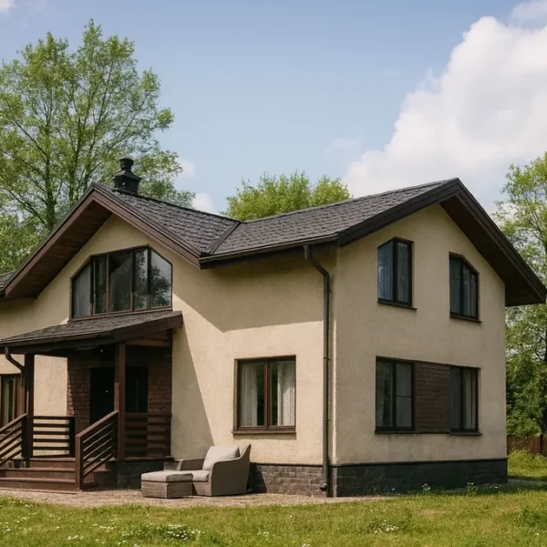 Проект дома «В-192» из СИП-панелей, 192 м² — двухэтажный дом с бежевым фасадом, серой крышей и крытым крыльцом | HotWell.KZ
