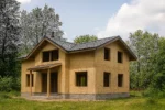 Дом «В-192», 192 м², 1,5 этажа, в черновой отделке: коробка из СИП-панелей OSB-3, двускатная кровля из металлочерепицы, проёмы без окон и дверей, в проёмах видны сосновые балки перекрытия
