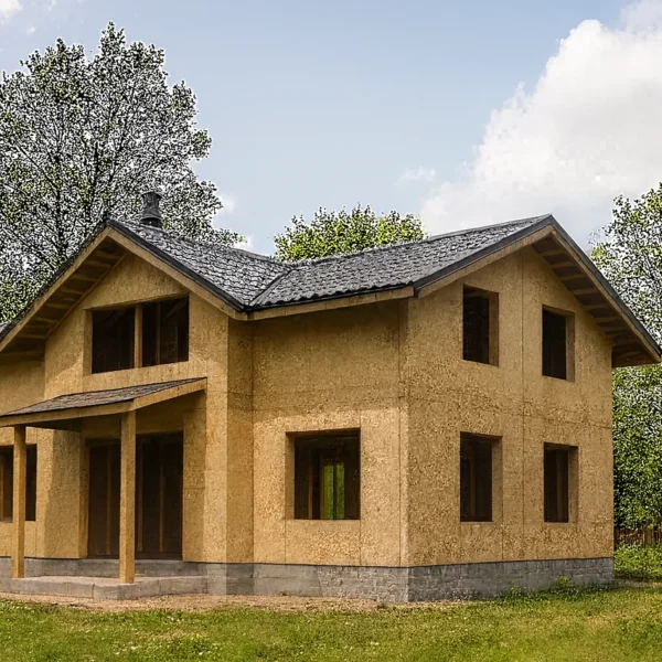 Дом «В-192», 192 м², 1,5 этажа, в черновой отделке: коробка из СИП-панелей OSB-3, двускатная кровля из металлочерепицы, проёмы без окон и дверей, в проёмах видны сосновые балки перекрытия