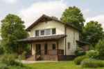 Проект дома «В-192Б» из СИП-панелей, 192 м² — двухэтажный дом с бежевым фасадом, коричневой крышей и террасой | HotWell.KZ