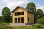 Дом «В-192Б», 192 м², 2 этажа, в черновой отделке: коробка из СИП-панелей OSB-3, двускатная кровля из металлочерепицы, проёмы без окон и дверей, в проёмах видны сосновые балки перекрытия