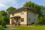 Проект дома «В-200» из СИП-панелей, 200 м² — двухэтажный дом с бежевым фасадом, темной крышей и крытым крыльцом | HotWell.KZ